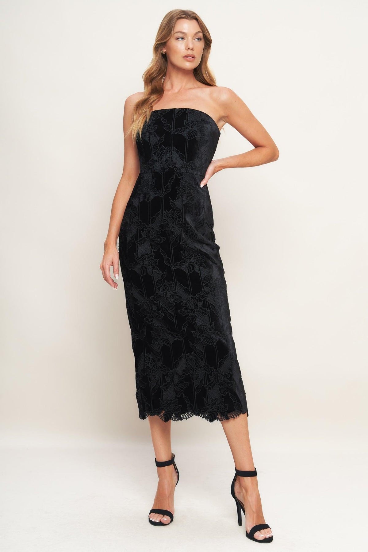 BLACK TEMPTATION WOVEN VELVET LACE MIDI DRESS