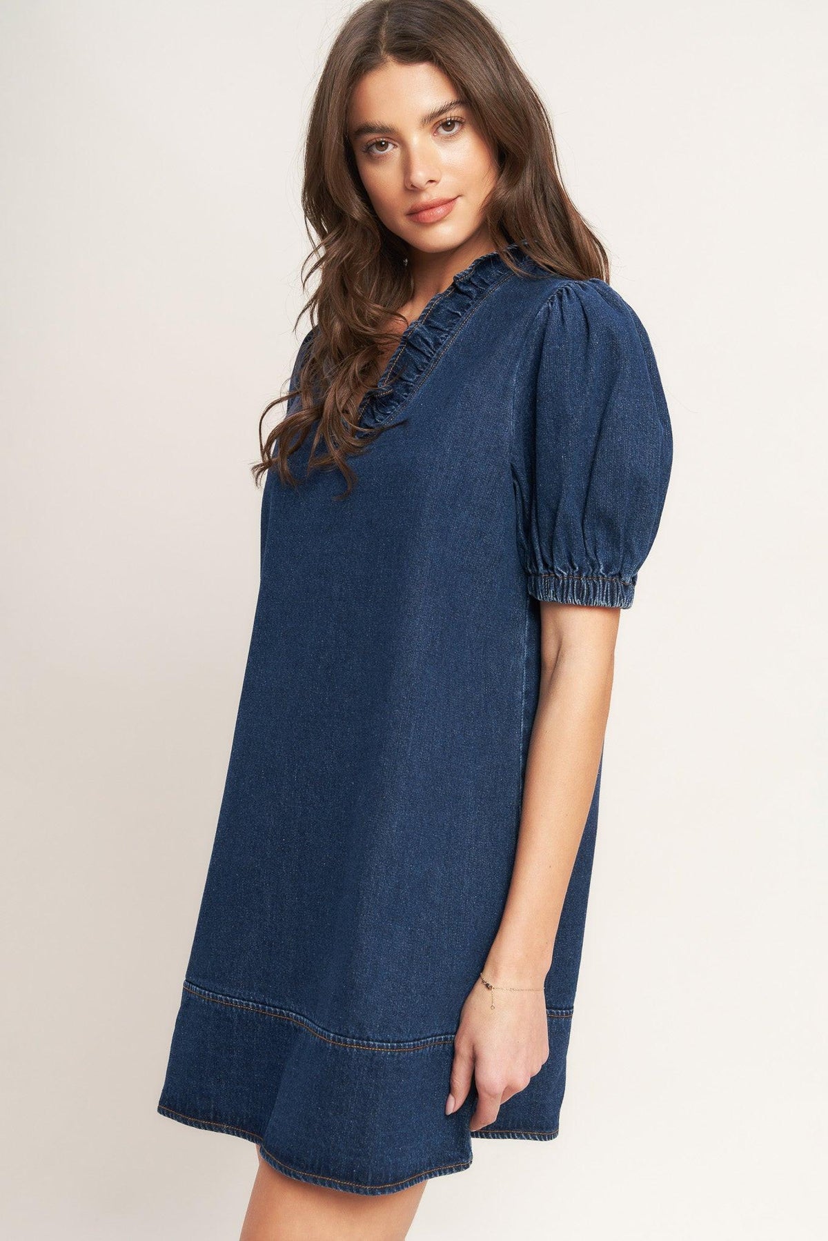MODERN FOLK TOUCH DNIM MINI DRESS