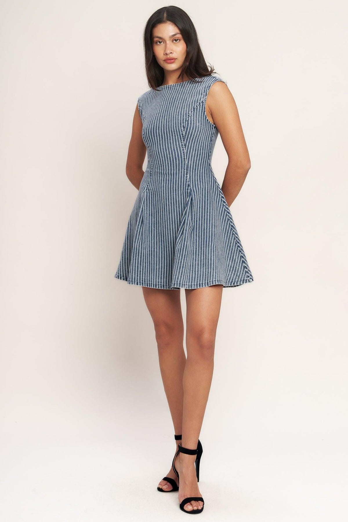 PERFECTLY PLANNED STRIPED DENIM MINI DRESS