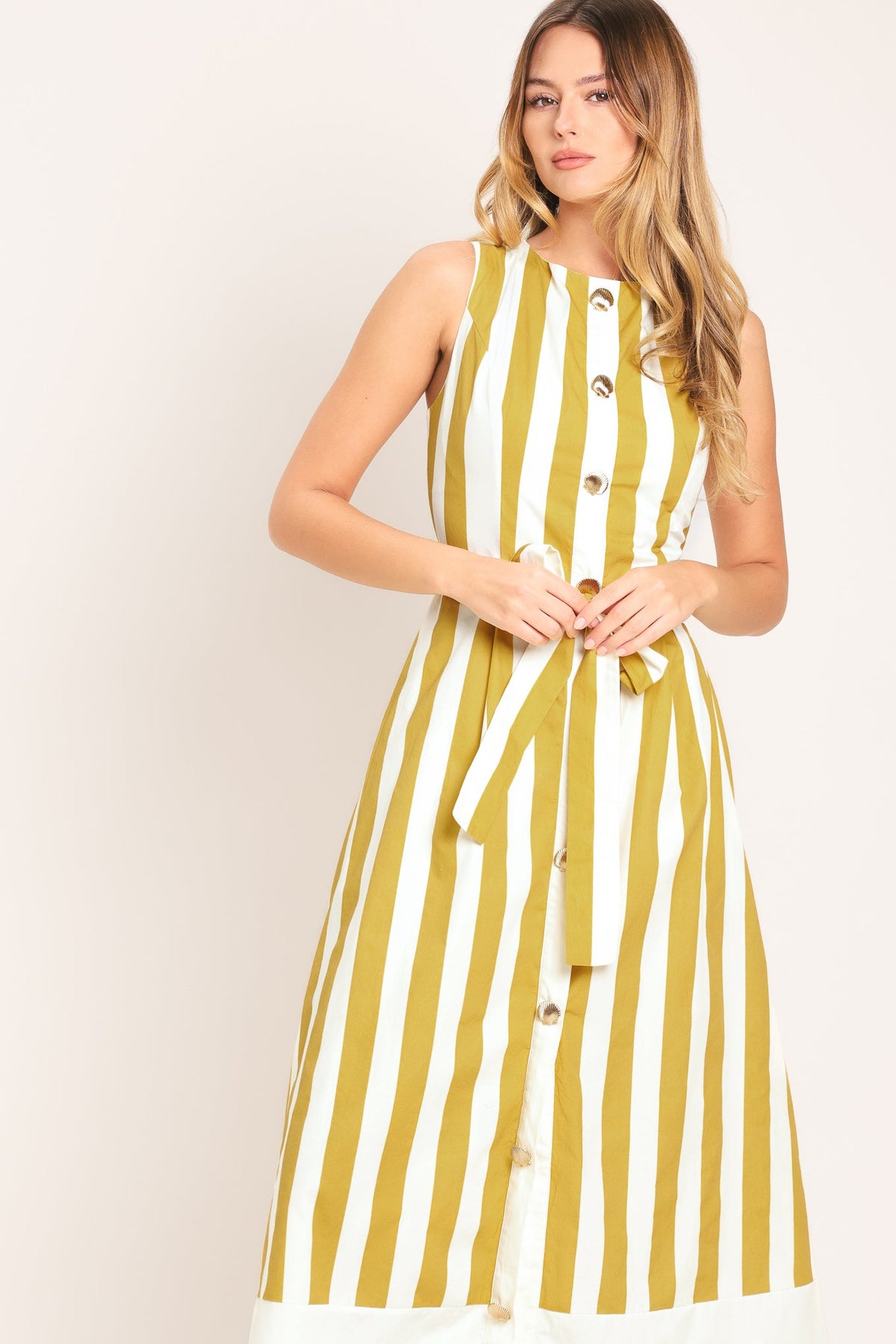SUNSHINE STRIPE WOVEN MIDI DRESS