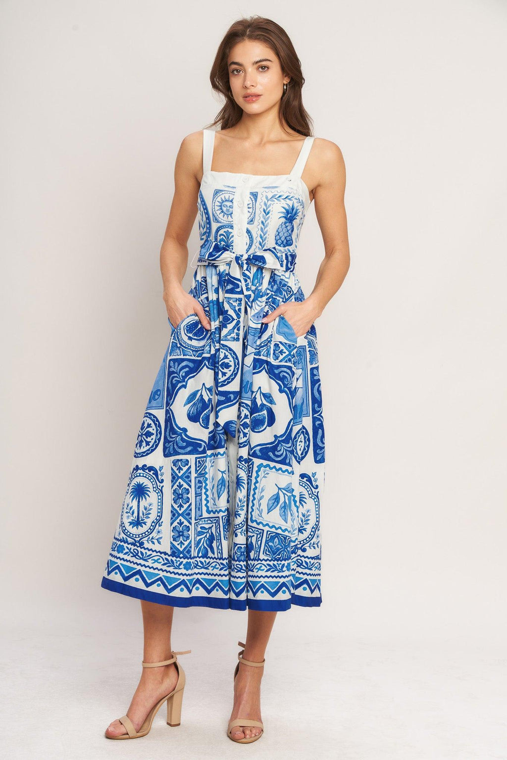 BLUE MAJOLICA CHARM WOVEN MIDI DRESS