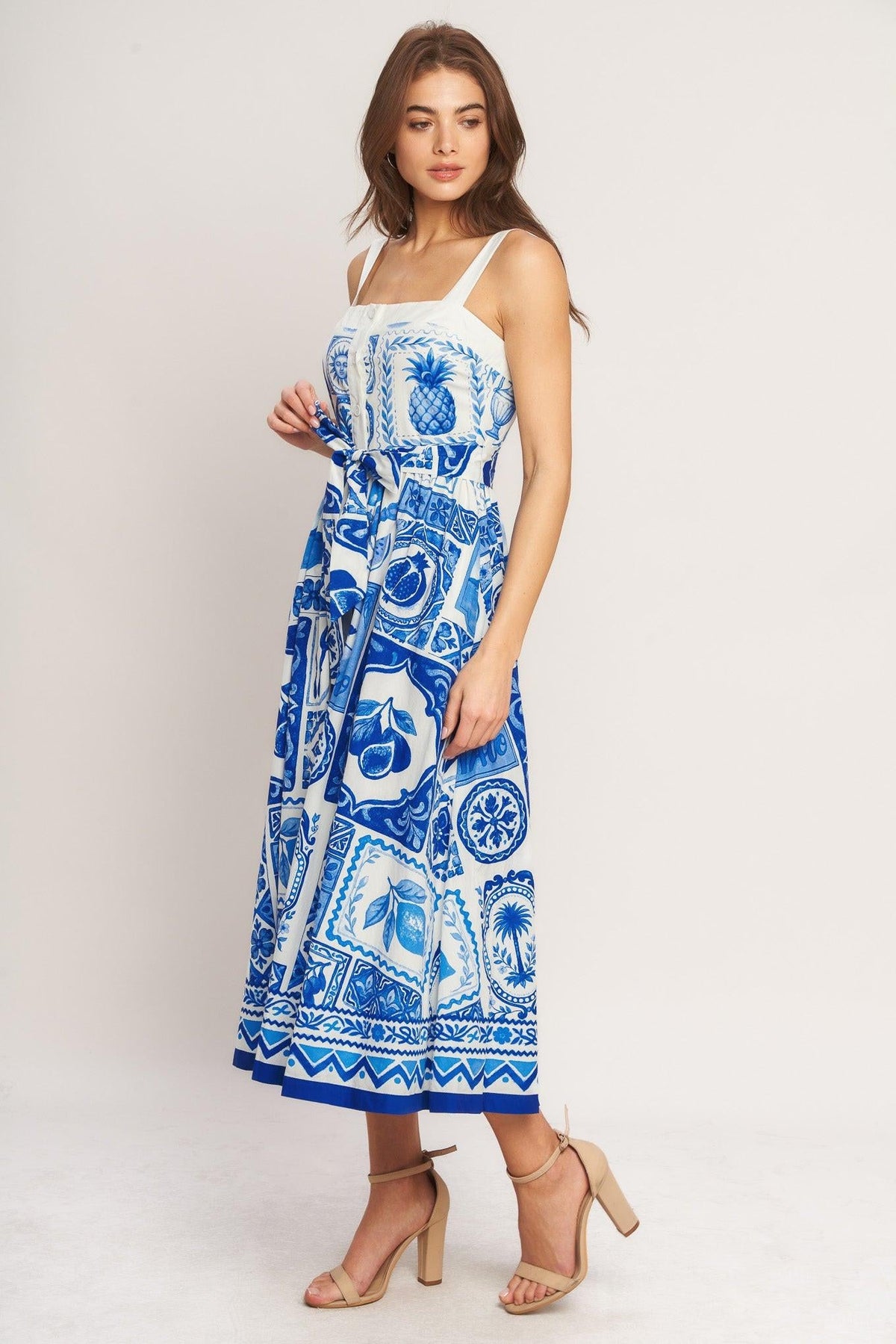 BLUE MAJOLICA CHARM WOVEN MIDI DRESS