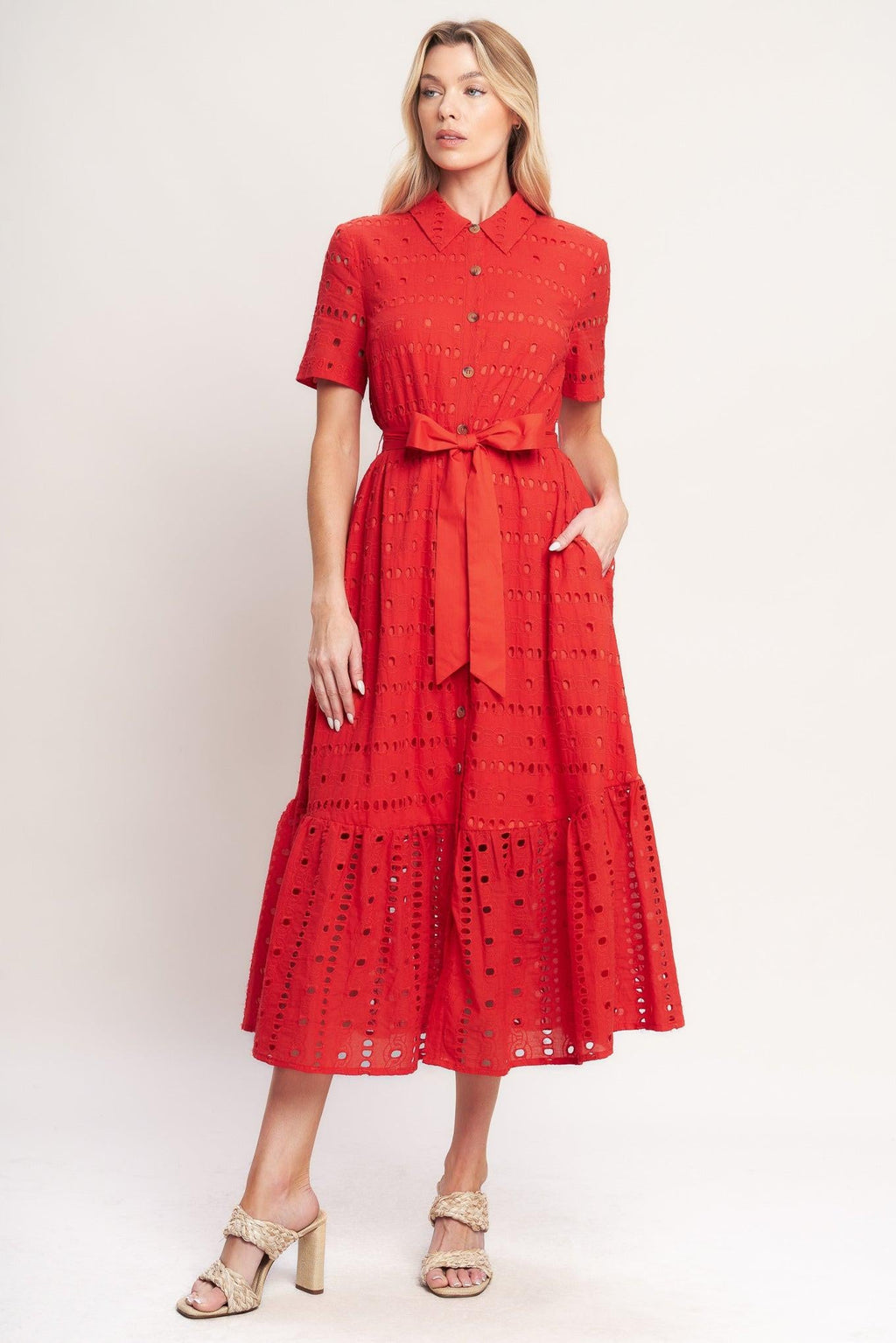 POWER SCARLET WOVEN EYELET MIDI DRESS