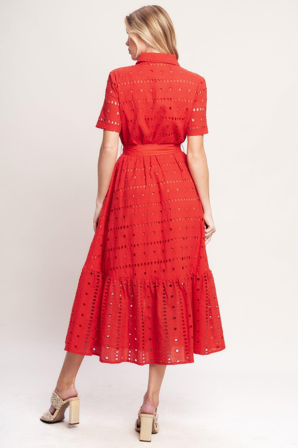POWER SCARLET WOVEN EYELET MIDI DRESS