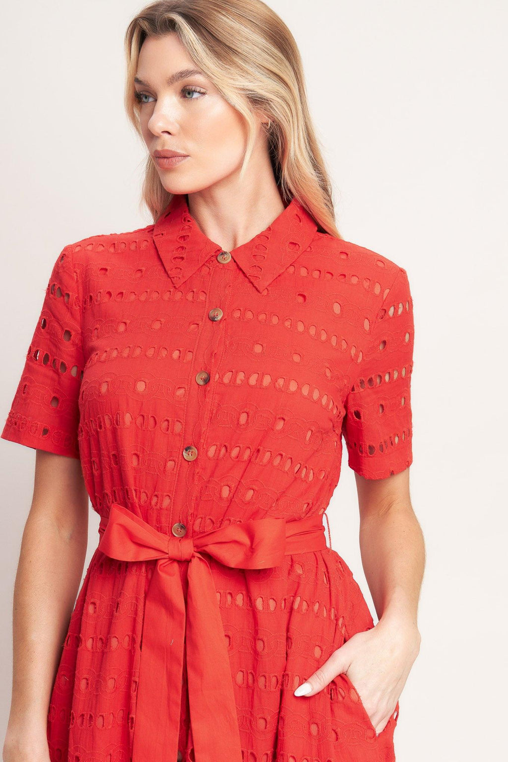 POWER SCARLET WOVEN EYELET MIDI DRESS