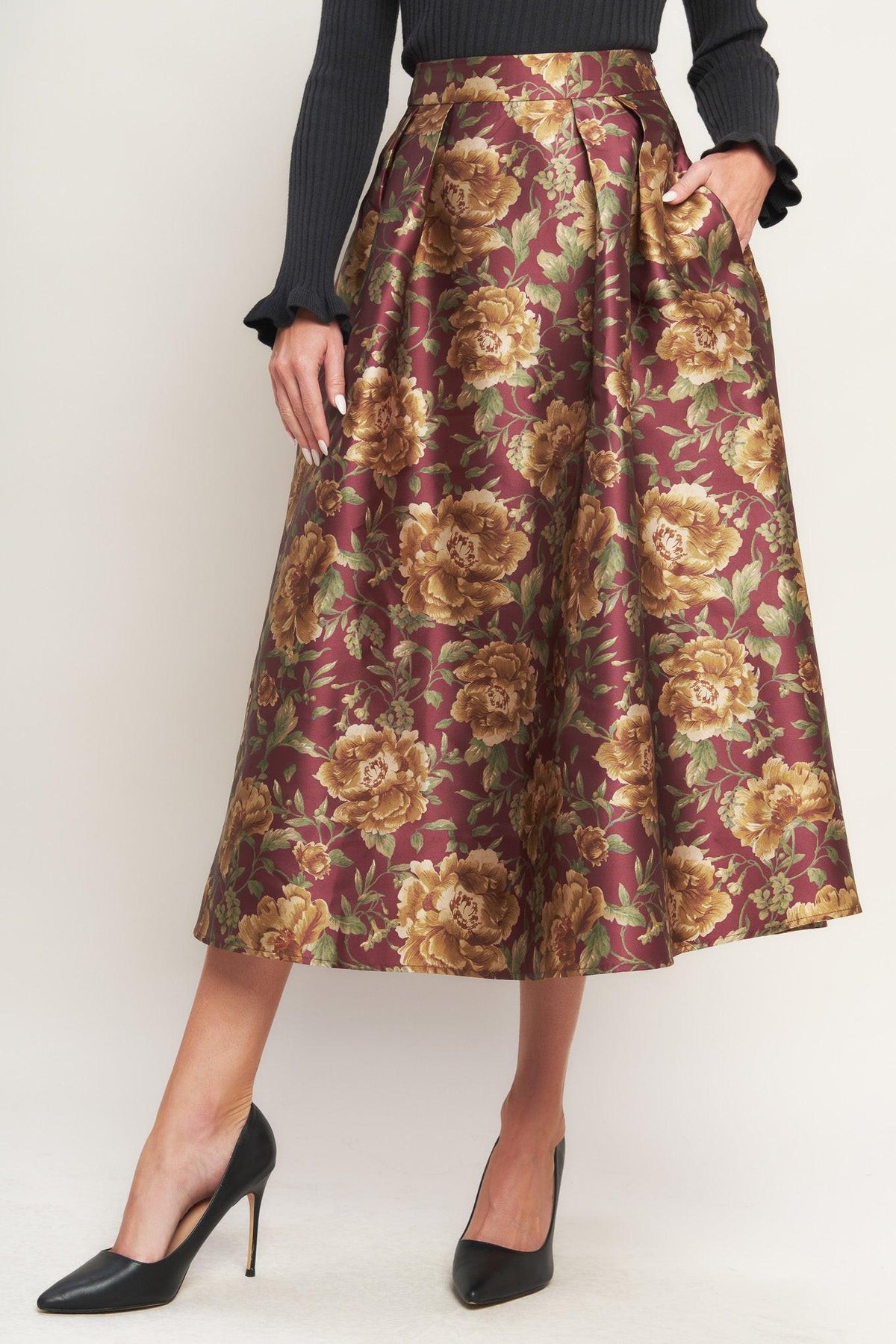 EVENING BOTANICALS WOVEN FULL MIDI SKIRT