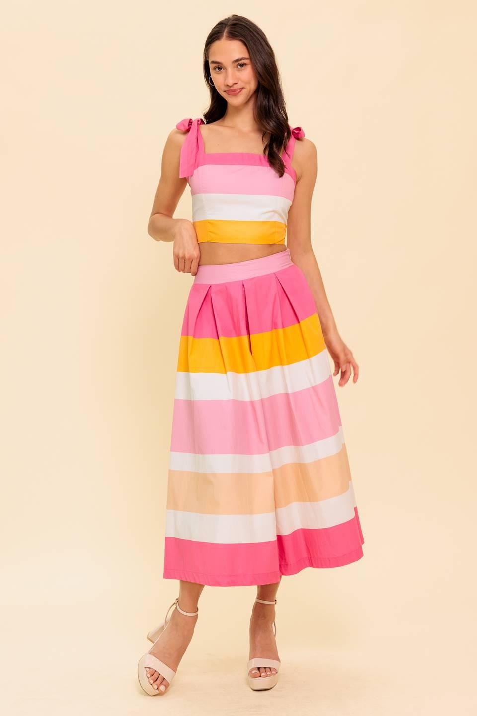 THE SPACE BETWEEN PINK WOVEN TOP AND SKIRT SET