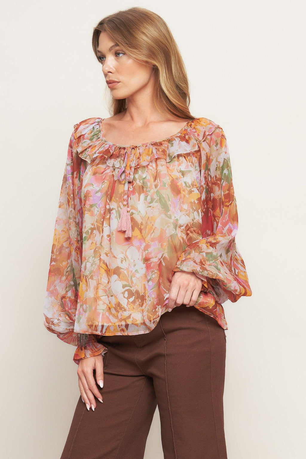 SOFT FLORAL RUST WOVEN TOP