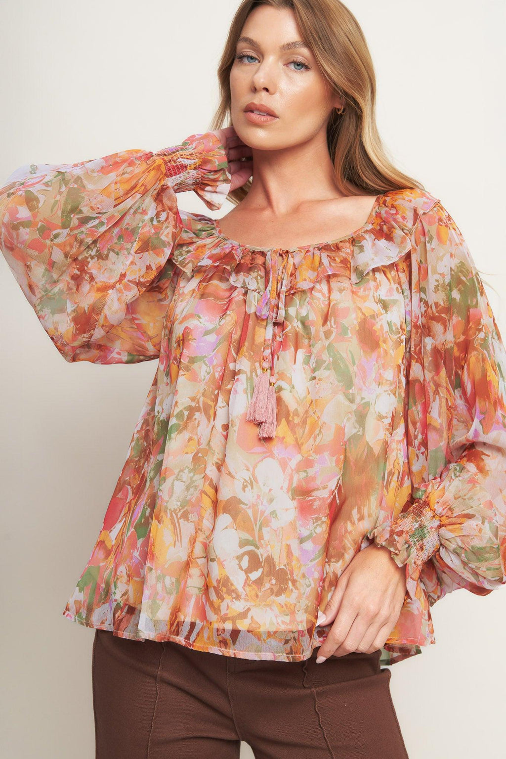 SOFT FLORAL RUST WOVEN TOP