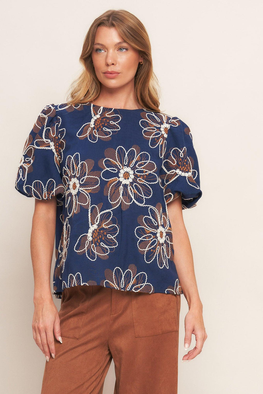 RETRO BLOOM PUFF SLEEVE WOVEN TOP
