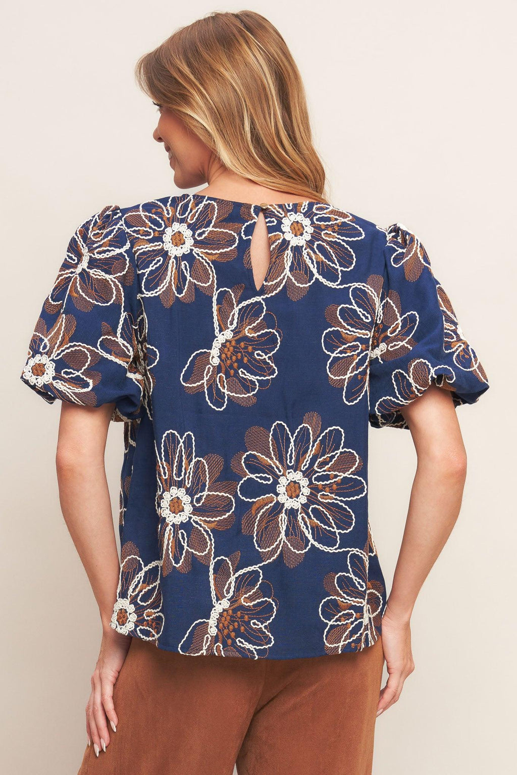 RETRO BLOOM PUFF SLEEVE WOVEN TOP