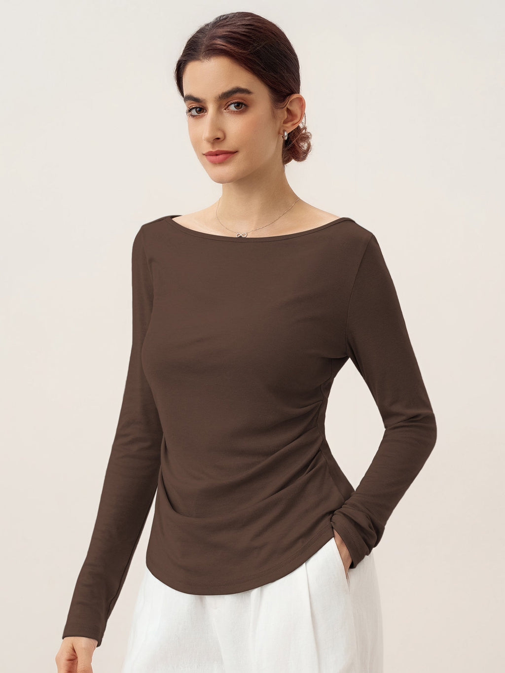 Wool Side Ruched Boat Neck Stretch Top VIVIEN
