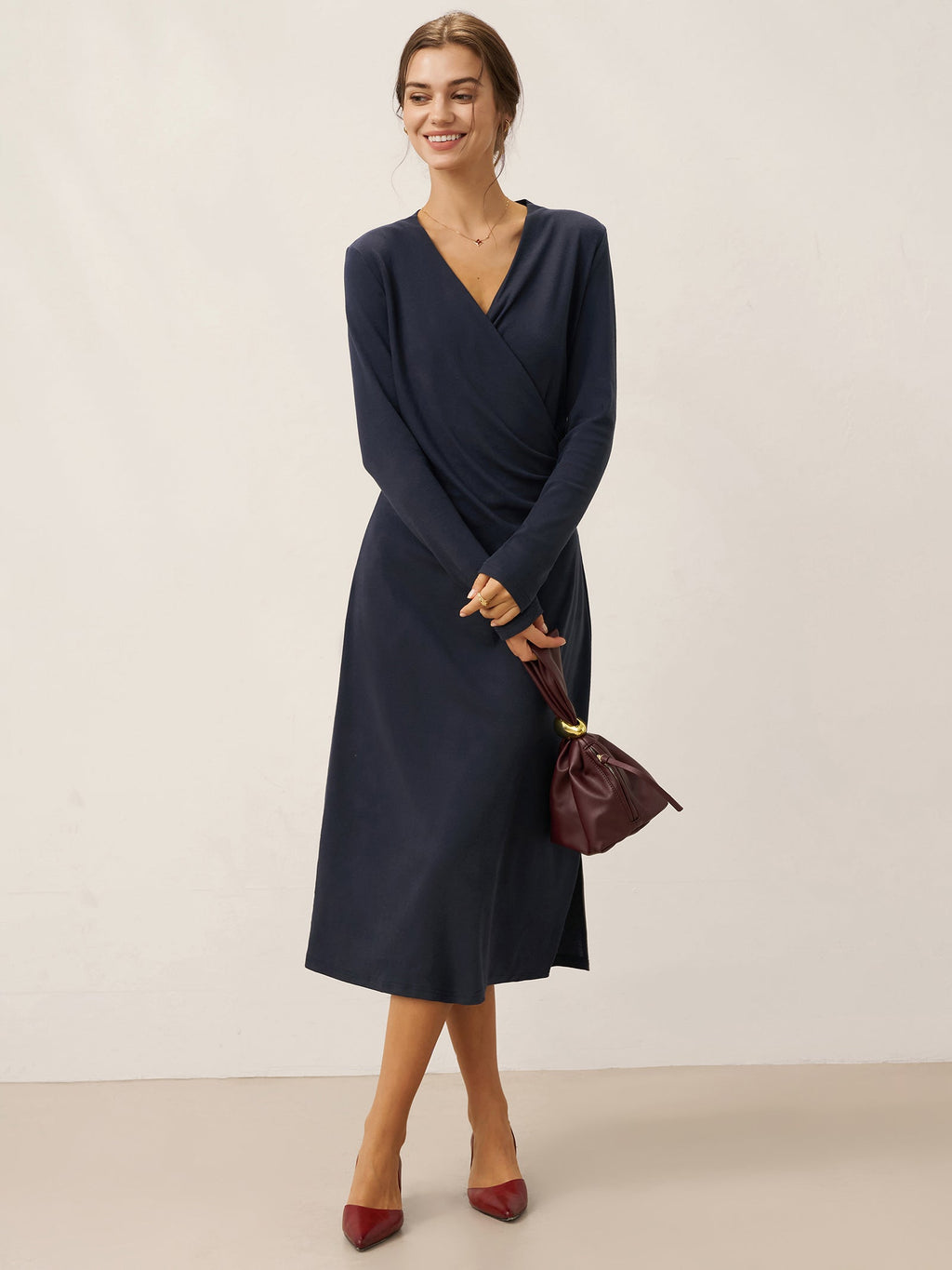 Crossover V-Neck Wrap Stretch Midi Dress MARNIE