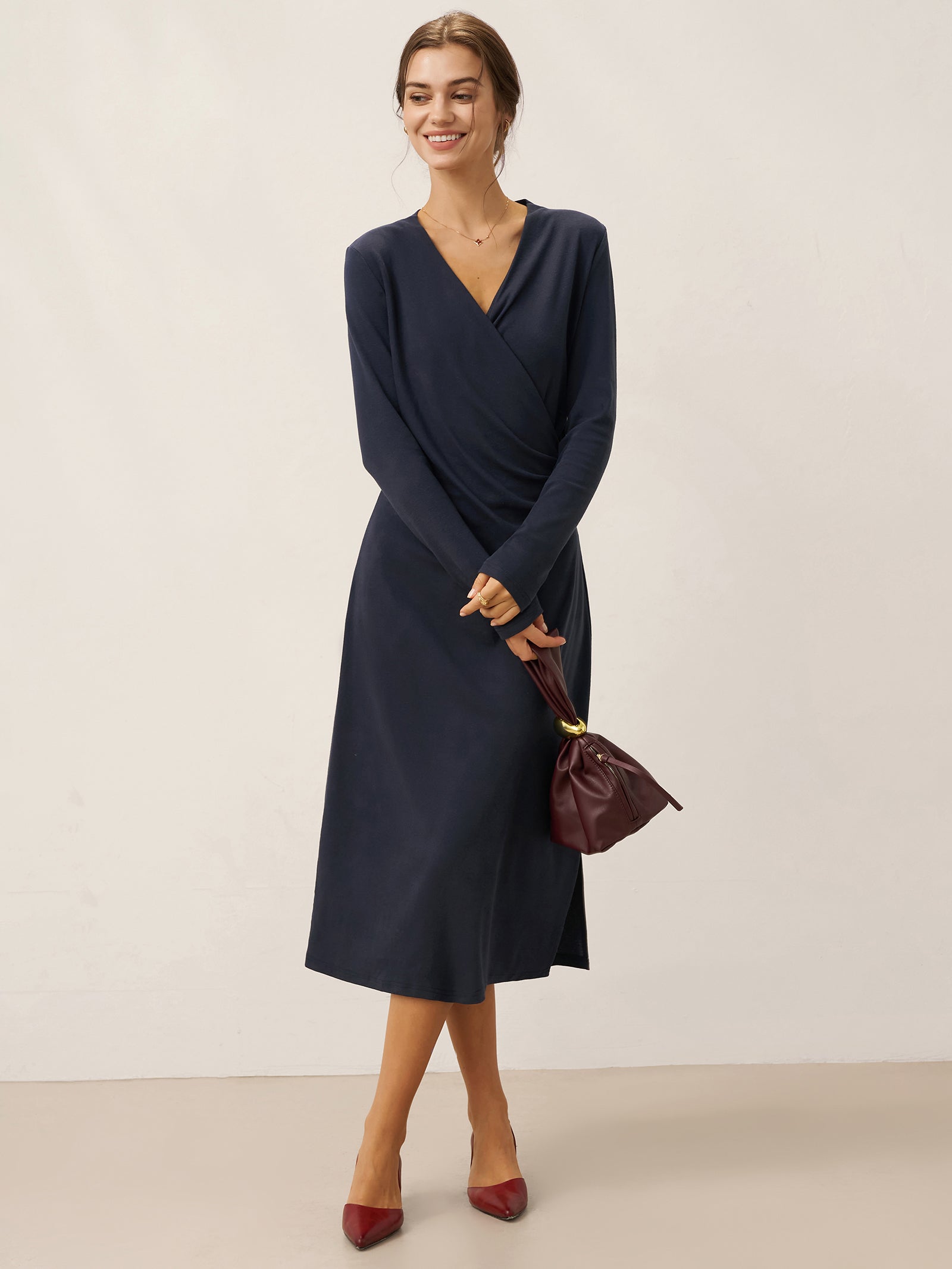 Crossover V-Neck Wrap Stretch Midi Dress MARNIE