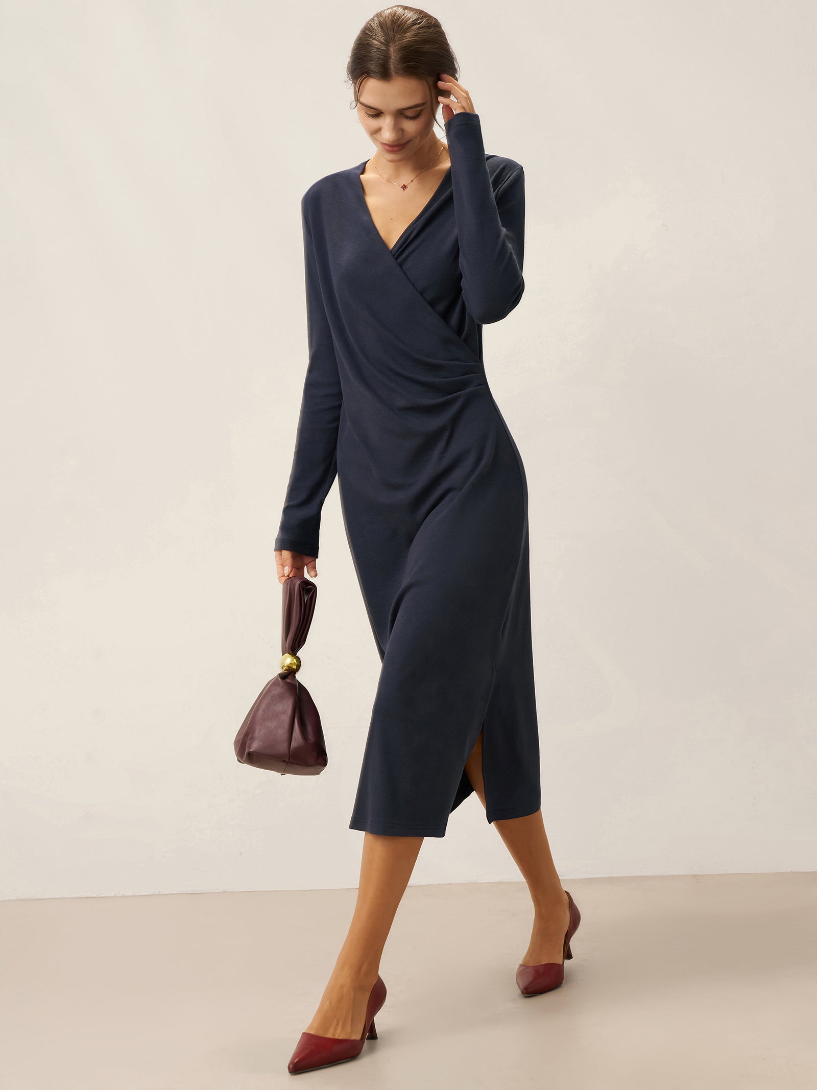 Crossover V-Neck Wrap Stretch Midi Dress MARNIE