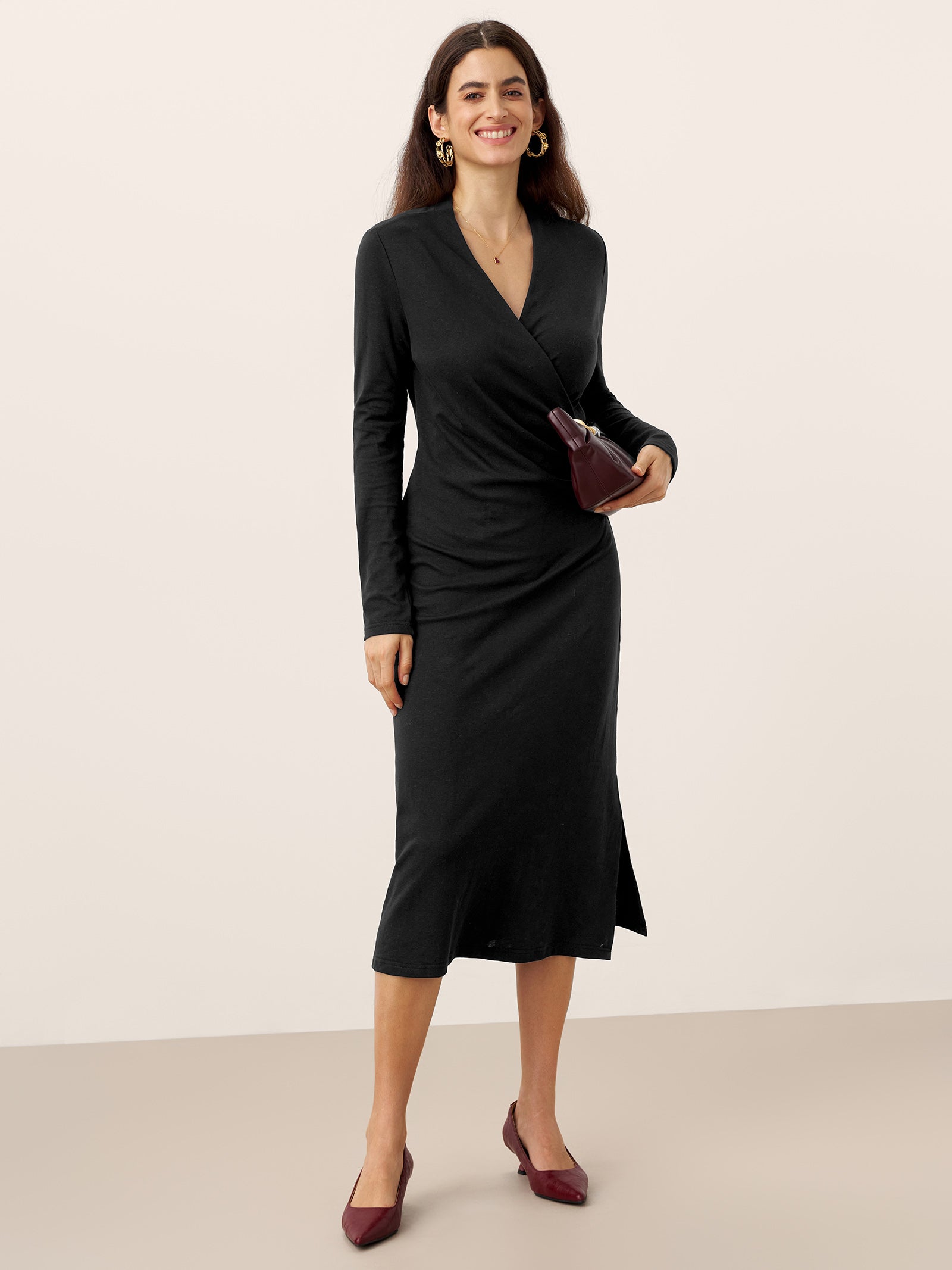 Crossover V-Neck Wrap Stretch Midi Dress MARNIE