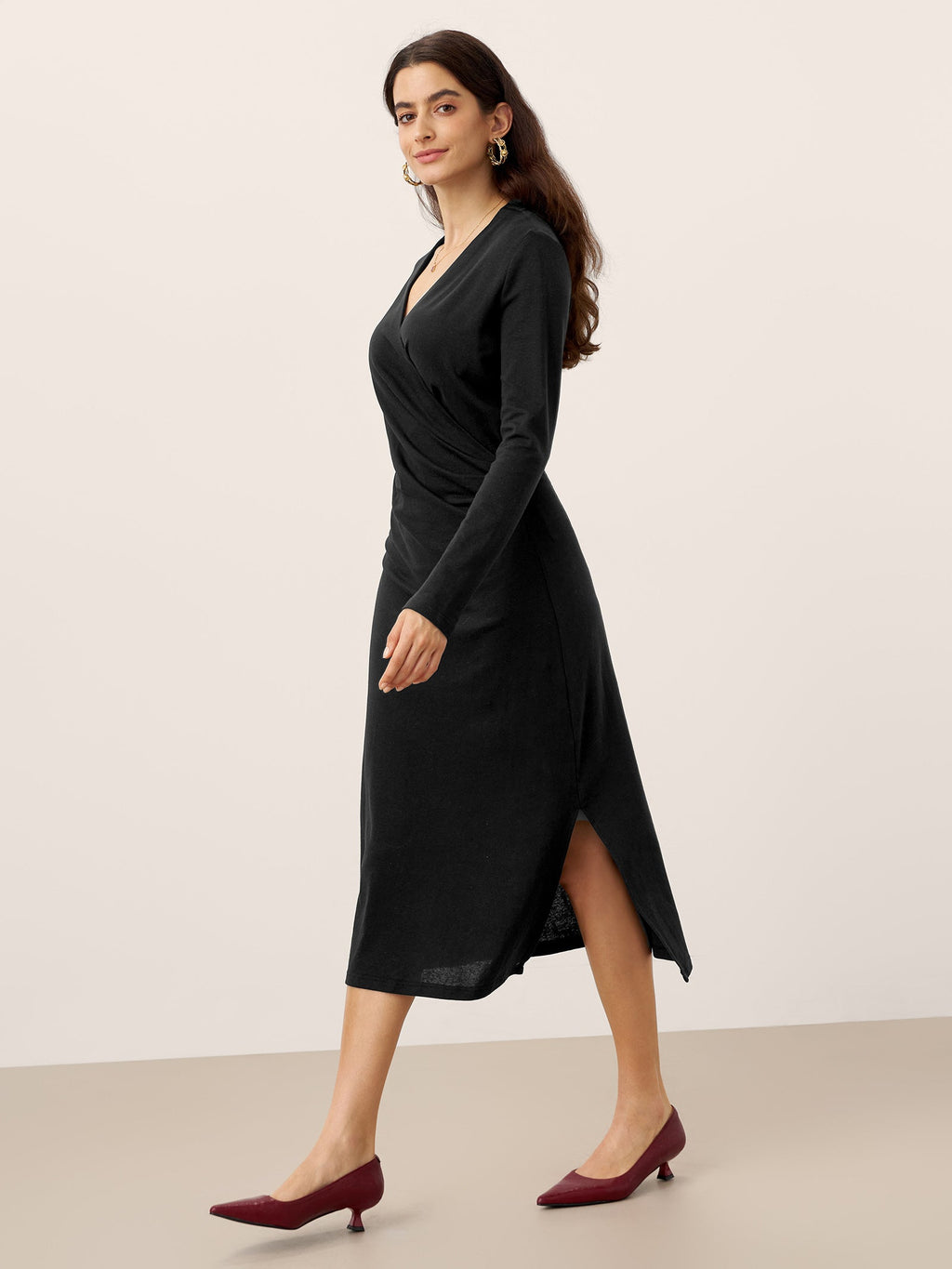 Crossover V-Neck Wrap Stretch Midi Dress MARNIE
