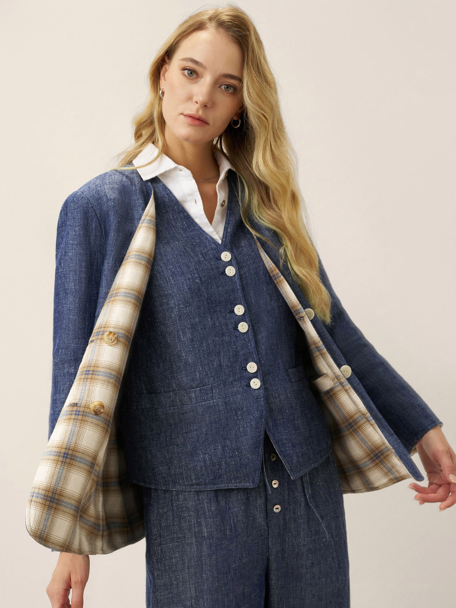Linen Reversible Denim Texture V Neck Jacket ELLIE