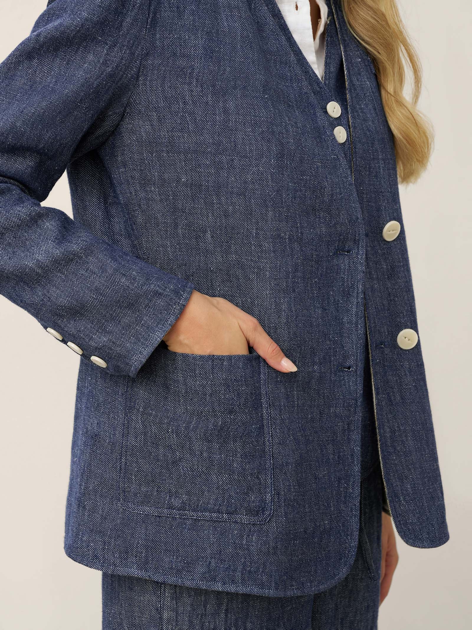 Linen Reversible Denim Texture V Neck Jacket ELLIE