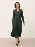 Lyocell Ruffle V Neck Gathered Waist Knit Midi Dress BRIELLE