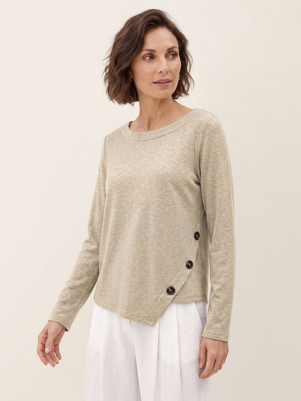 Lyocell Wool Asymmetric Hem Side Button Knit Top CELIA