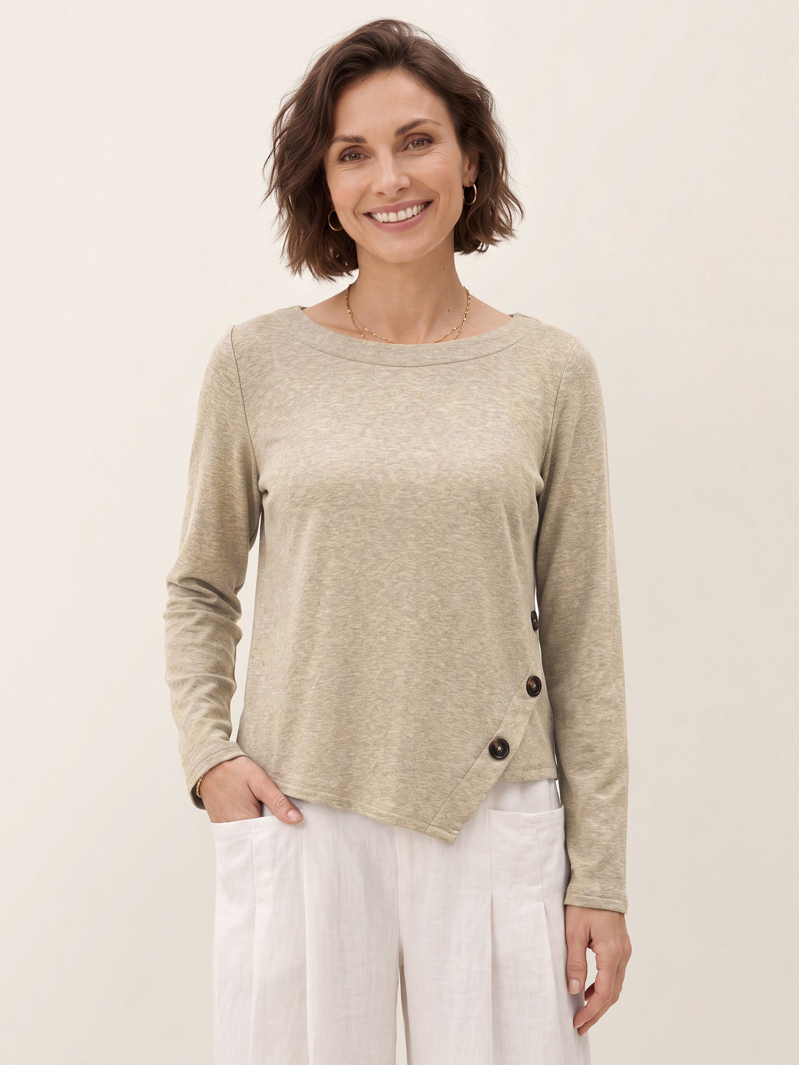 Lyocell Wool Asymmetric Hem Side Button Knit Top CELIA