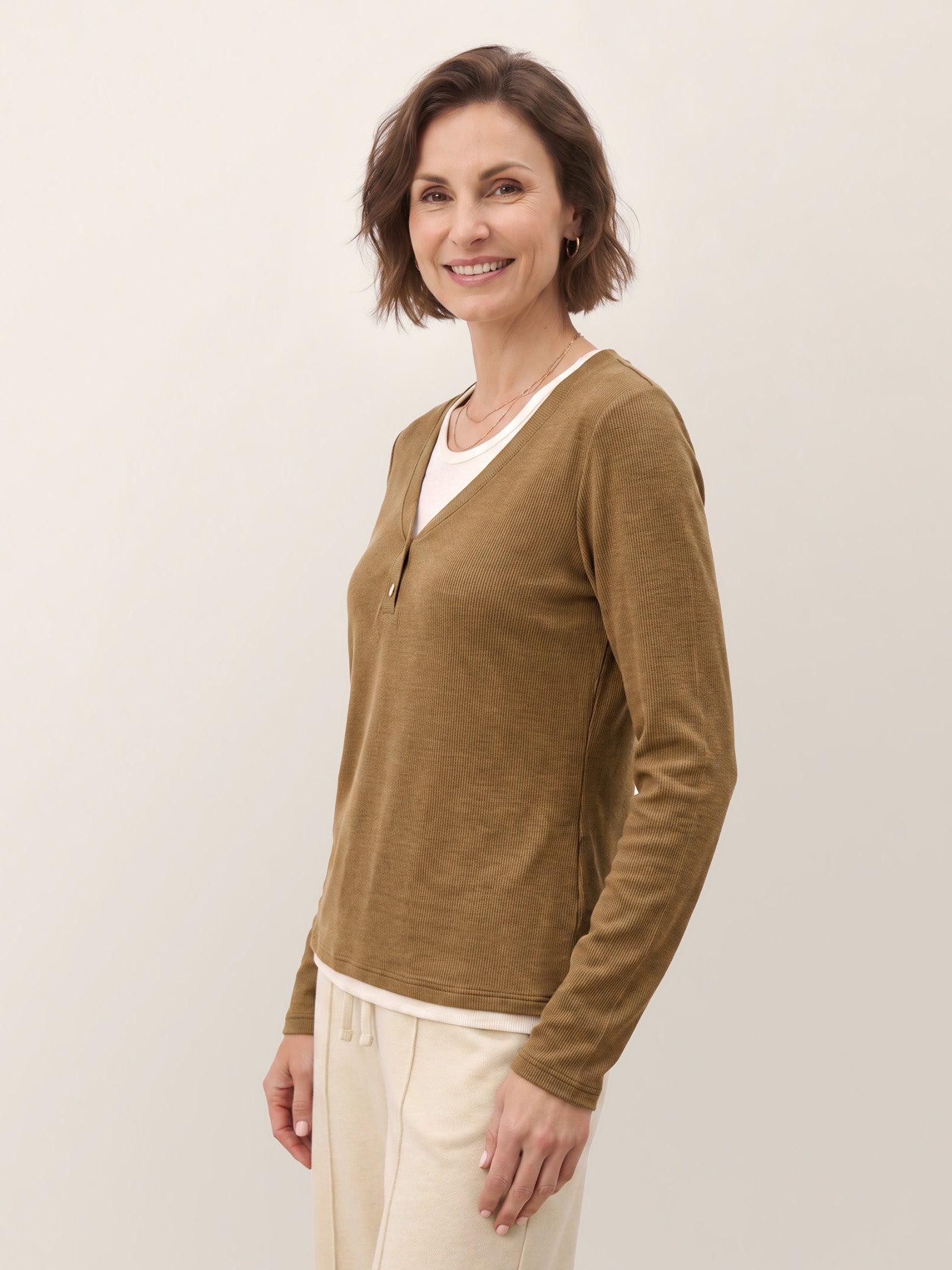 Lyocell Wool Layered Look Button Placket Top SABRINE