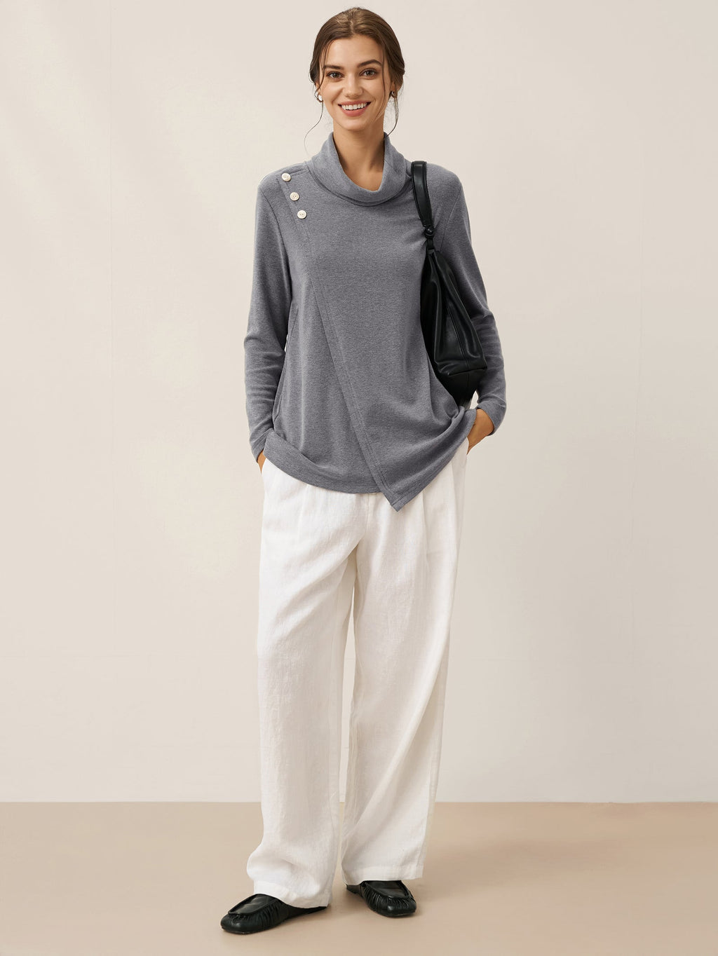 Mock Neck Buttoned Stretch Top ZARIA