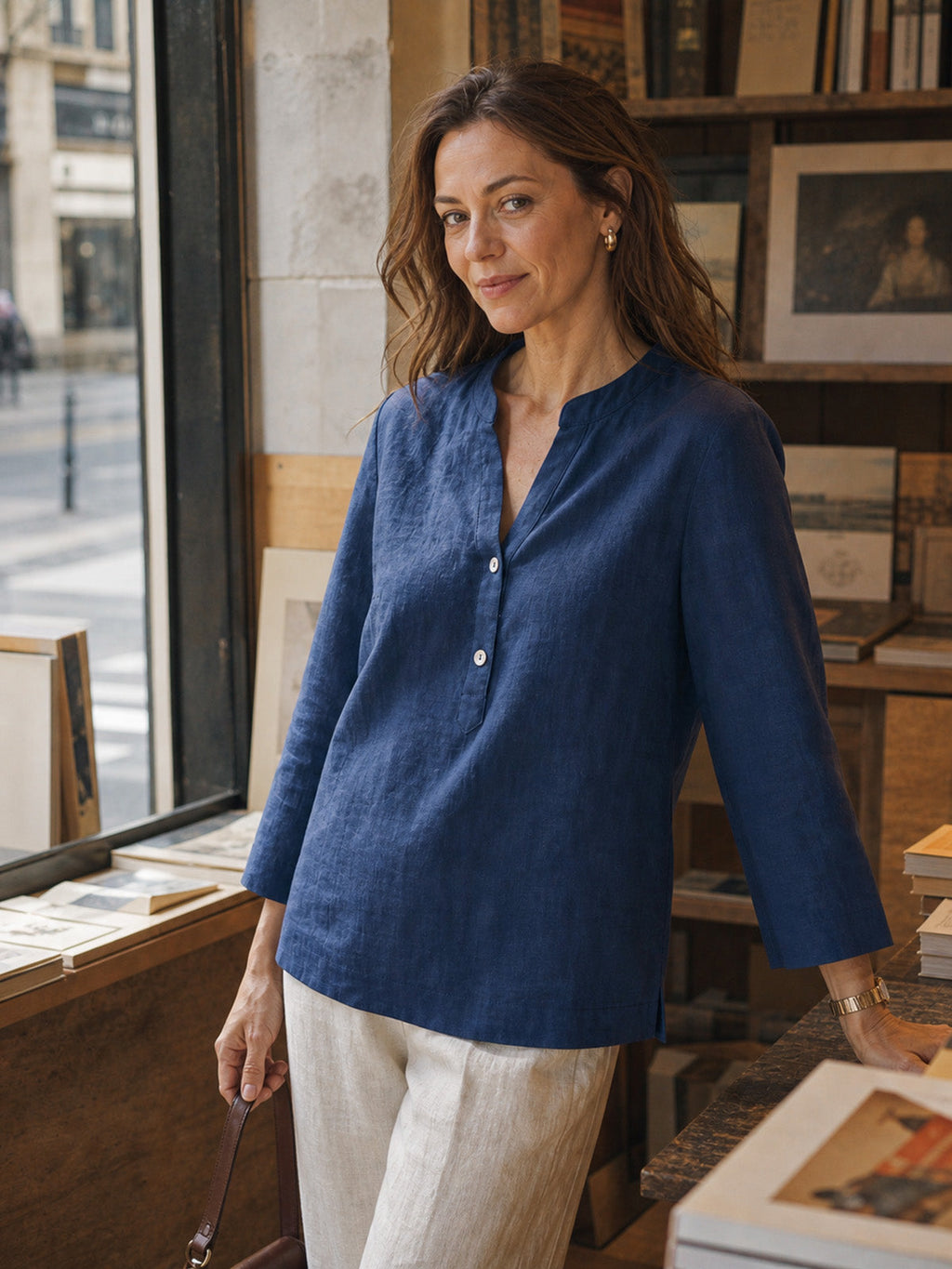 100% Linen Deep V-Neck Pullover with Button-Trim JOLYNE