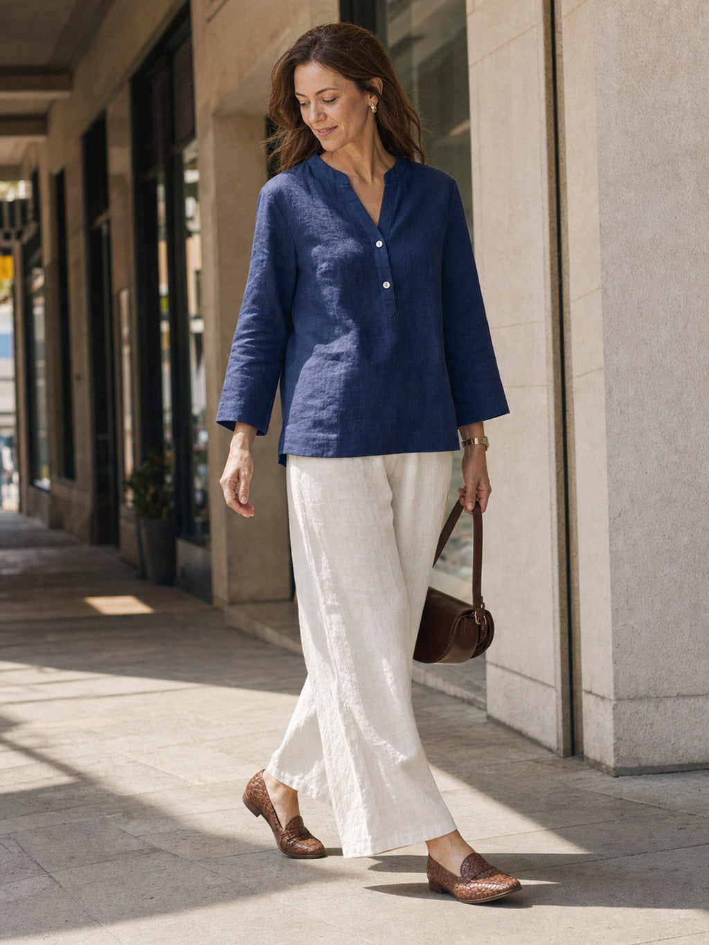 100% Linen Deep V-Neck Pullover with Button-Trim JOLYNE