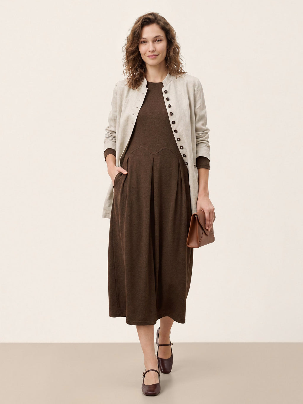 Wool Arc-Panel Sculpted Pleats Midi Dress CALISTA