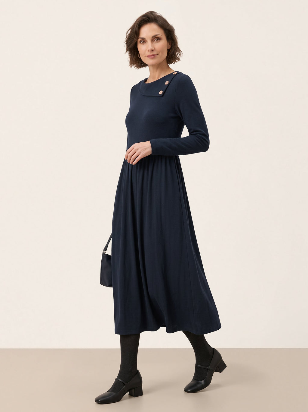 Wool Layered Neck Pleated Midi Dress BILLIE