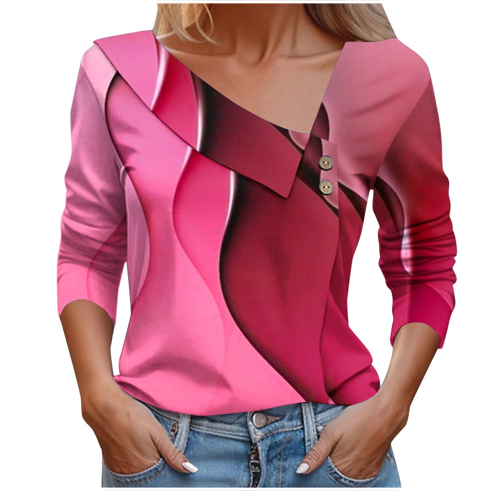 Colorful Printed V-Neck Long Sleeve T-Shirt for Women - # GIAA23510053