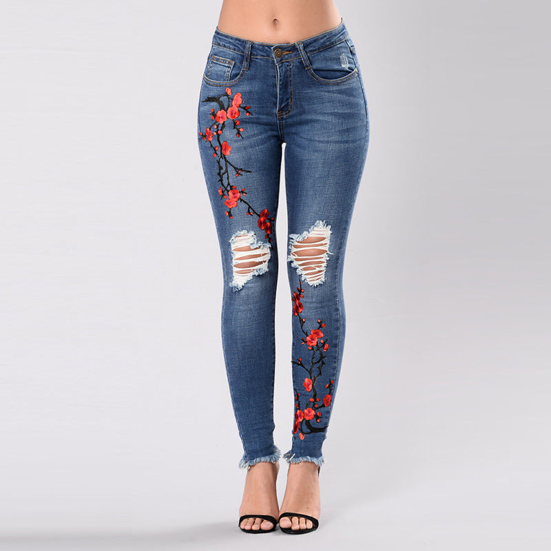 Girls & Women | Embroidered Ripped Denim Long Pants - # GIAA23410029