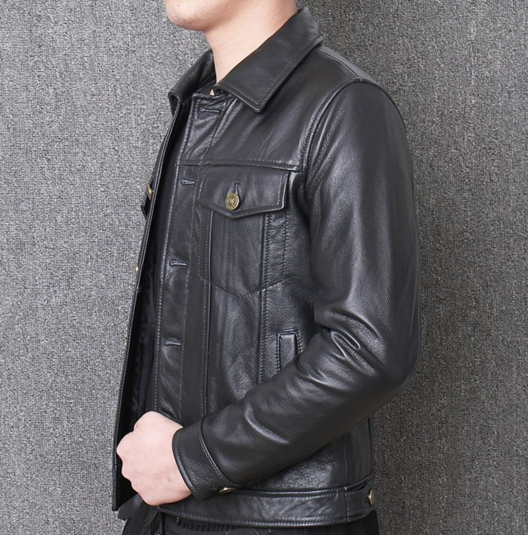 Men's Slim Fit Genuine Leather Motorcycle Jacket - # BOAA13210024