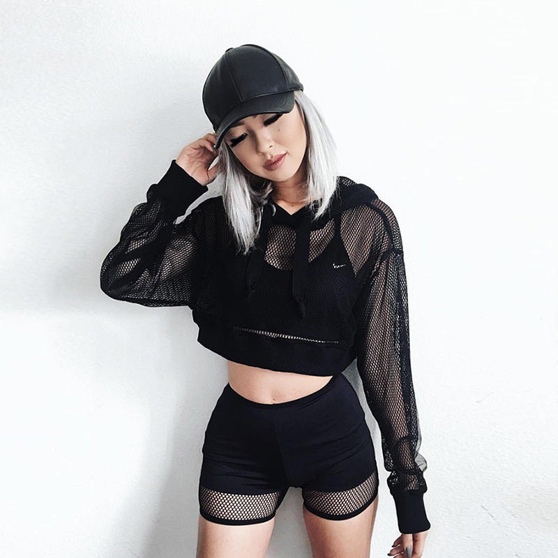 Mesh Long Sleeve Hooded Sheer Top | For Women Casual Wear - # GIAA23510045