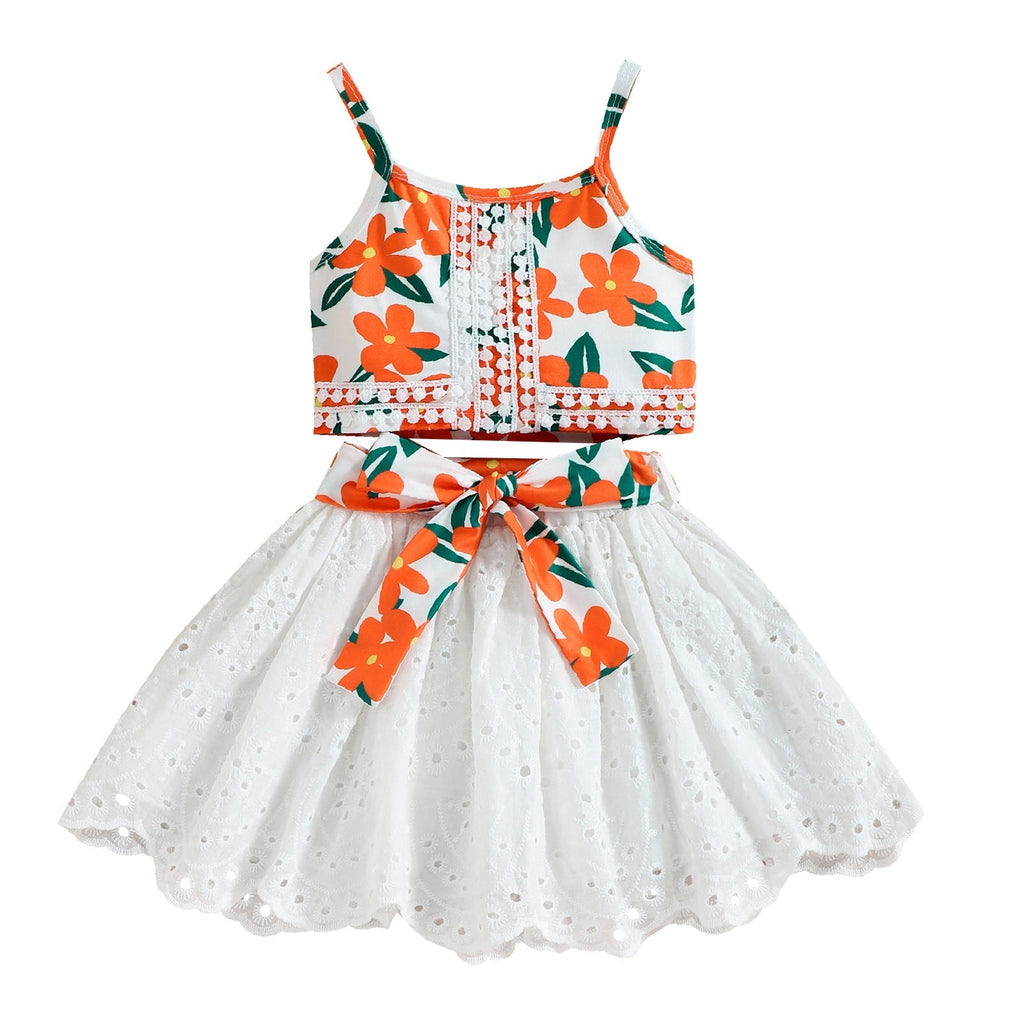 Summer Girls' Lace Strap Cotton Skirt Set | For Ages 3-8 - # GIAA212310021