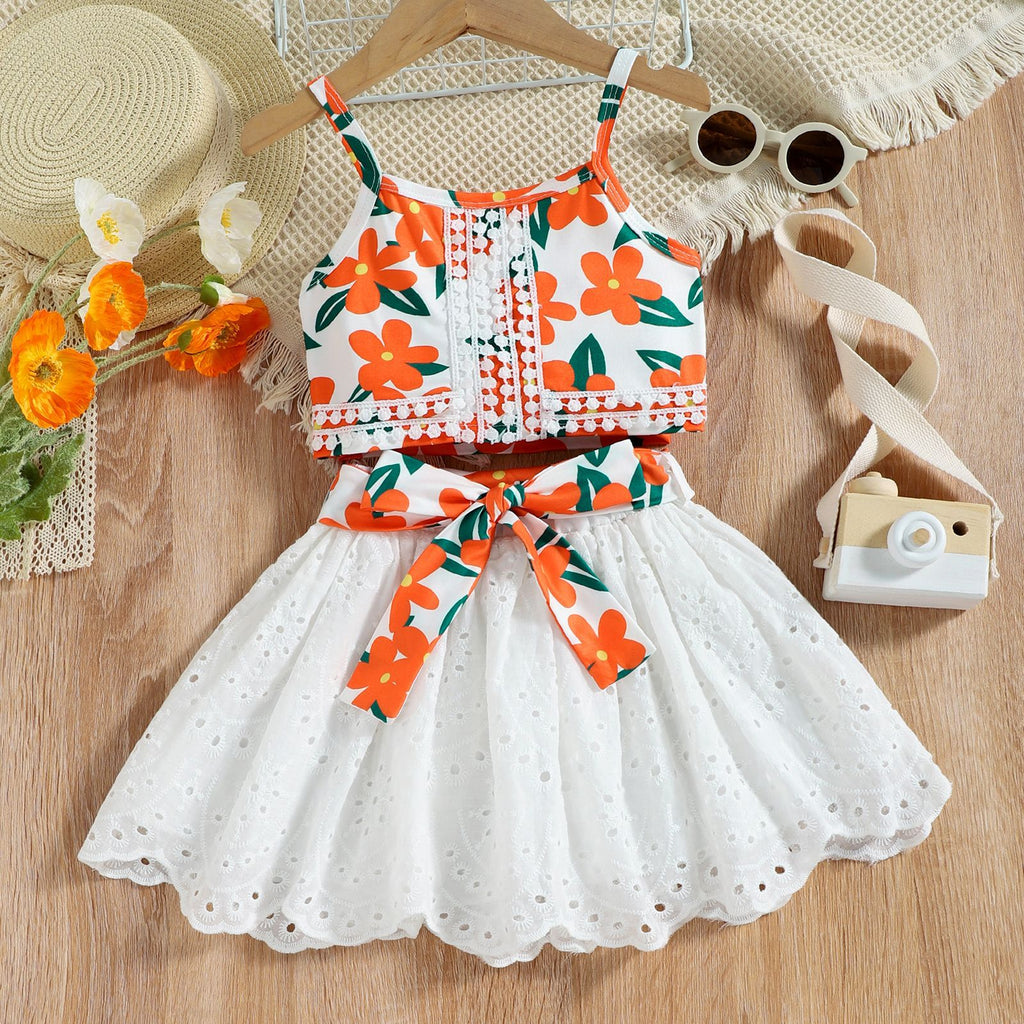 Summer Girls' Lace Strap Cotton Skirt Set | For Ages 3-8 - # GIAA212310021
