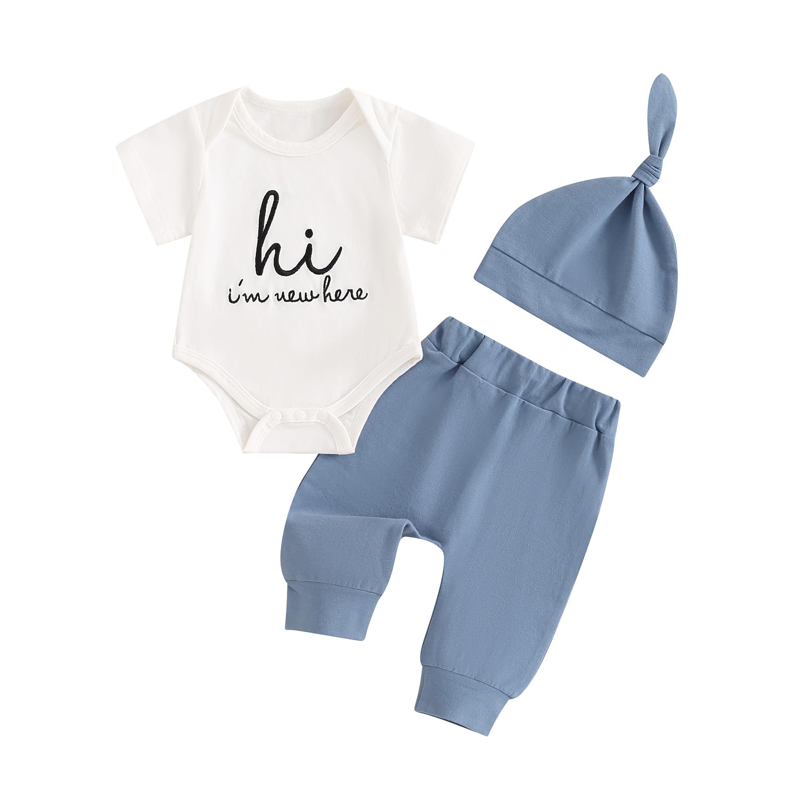 Ursobutegl | Newborn Baby Boy & Girl Clothes | I'm New Here Printed Romper | Bodysuit Pants Set with Hat | Coming Home Hospital Outfits| Blue | 0-6 Months - # BAAA51210064