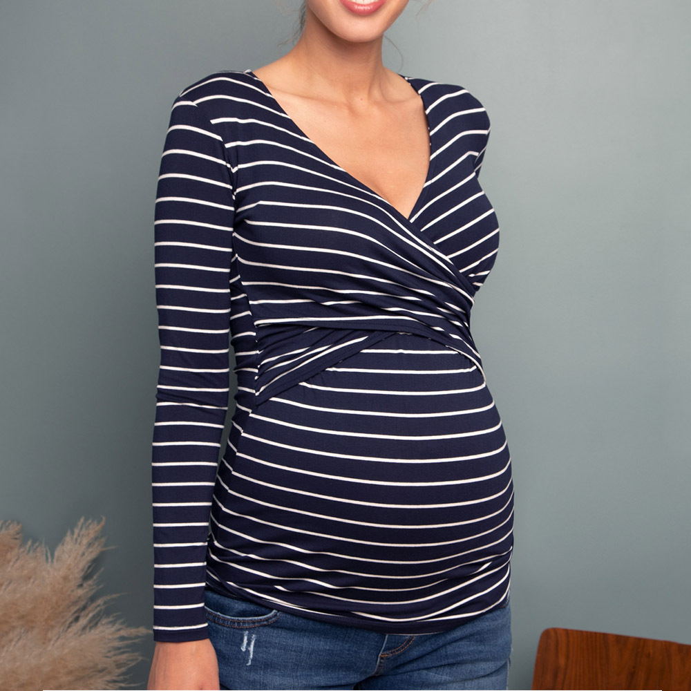 Women Deep V-Neck Long Sleeve Printed Maternity & Nursing T-Shirt - # PRGTA11310027 & NURSGA11110113