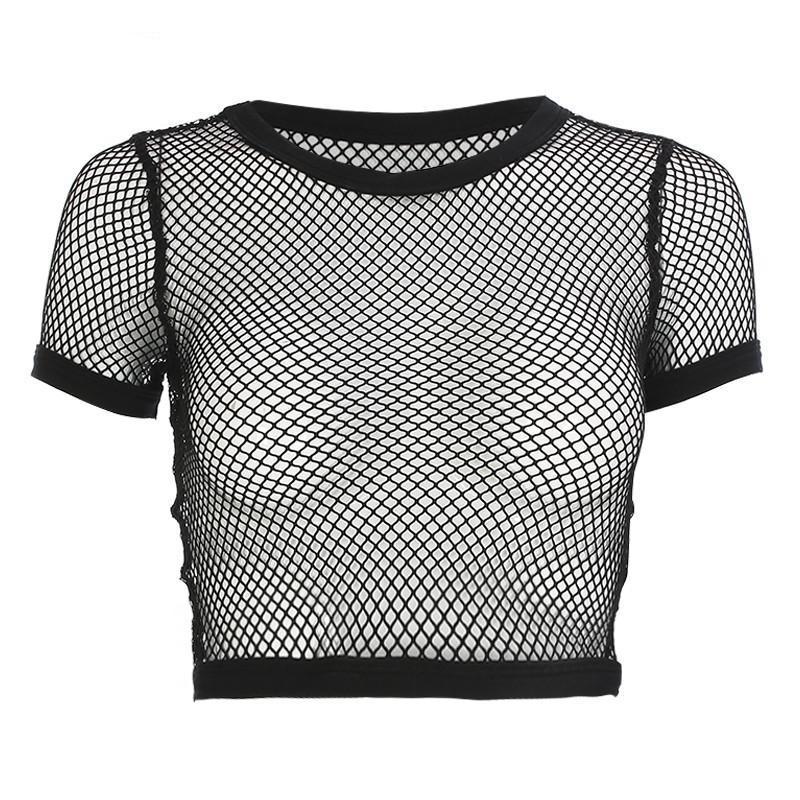 Women Short Sleeve T-Shirt with Sheer Mesh Layering Top - # GIAA23510050