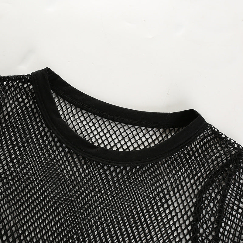 Women Short Sleeve T-Shirt with Sheer Mesh Layering Top - # GIAA23510050